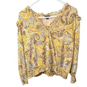 Ann Taylor Blouse Top Womens XXL Faux Wrap Ruffle Smocked Paisley Fairy‎ Yellow